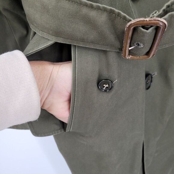 Vintage Army Green Military Trench Coat XL Belt Shoulder Tab Warcore Trenchcore - Picture 6 of 14